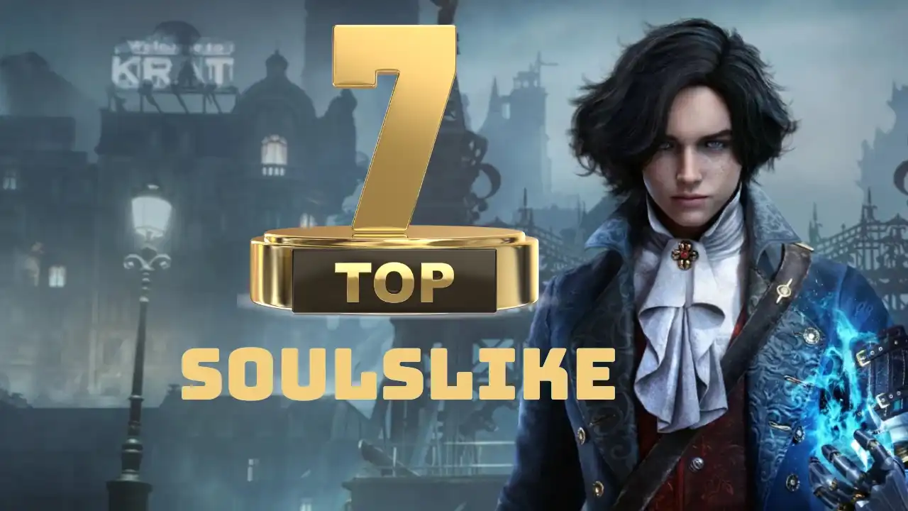 Top 7 soulslike games of 2025 — Lies of P lead image with gold “Top 7” trophy and the city of Krat background