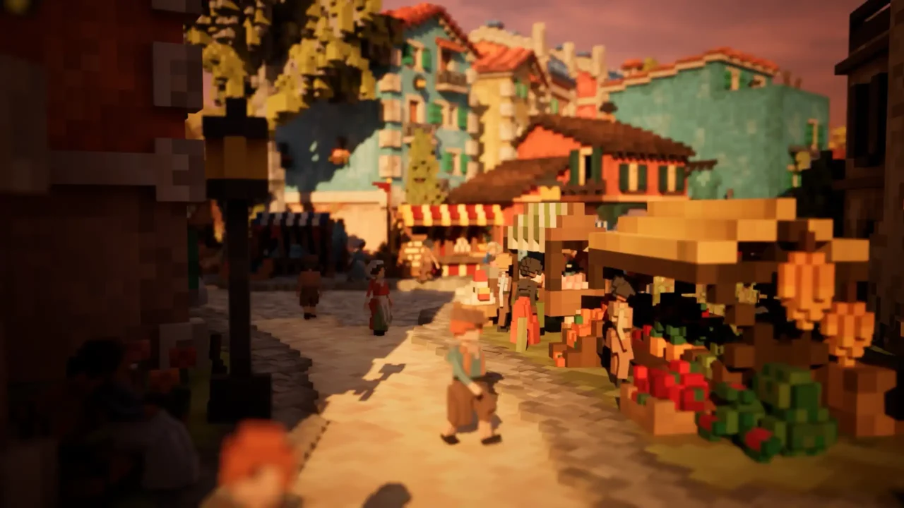 Town to City gameplay — voxel market street at sunset with stalls, townsfolk, and pastel houses in the background