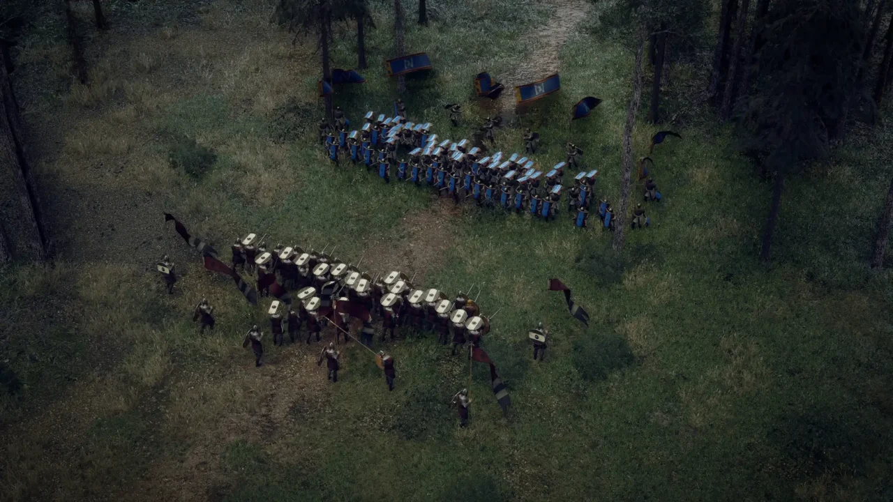 Anvil Empires opposing shield-wall formations preparing to clash in a forest clearing — game screenshot.