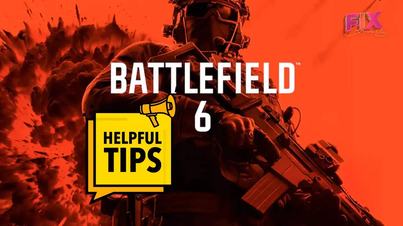 Battlefield 6 multiplayer tips — soldier with rifle against orange explosion background, FIX Gaming branding