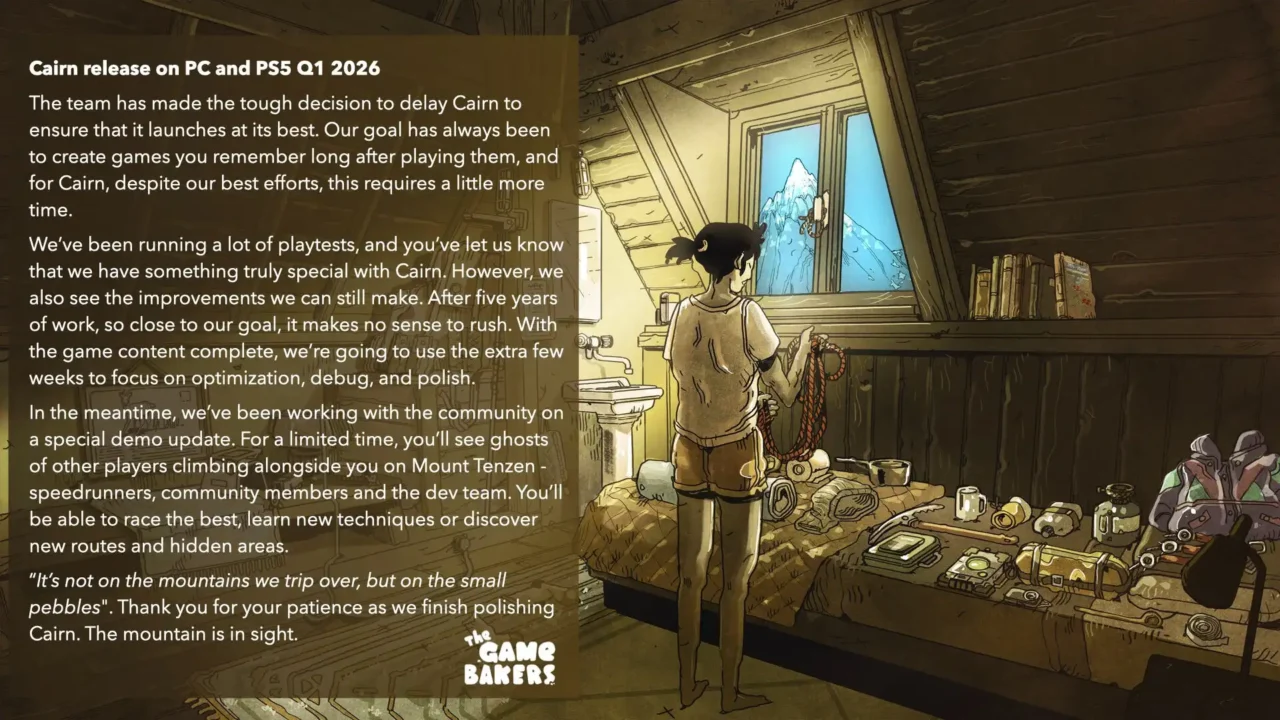 Cairn delayed to Q1 2026; The Game Bakers statement card with a climber by an attic window and gear on a bench
