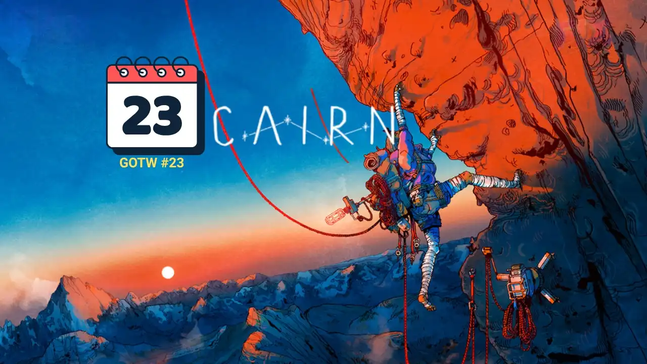 Cairn Game of the Week 23 thumbnail showing a climber on a red cliff at sunrise with a GOTW #23 badge