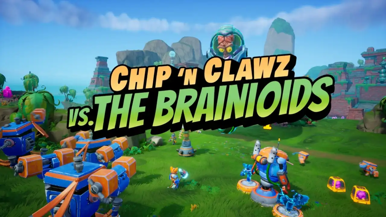 Chip ‘n Clawz vs. The Brainioids title card over a bright valley with bots and turrets in the foreground.
