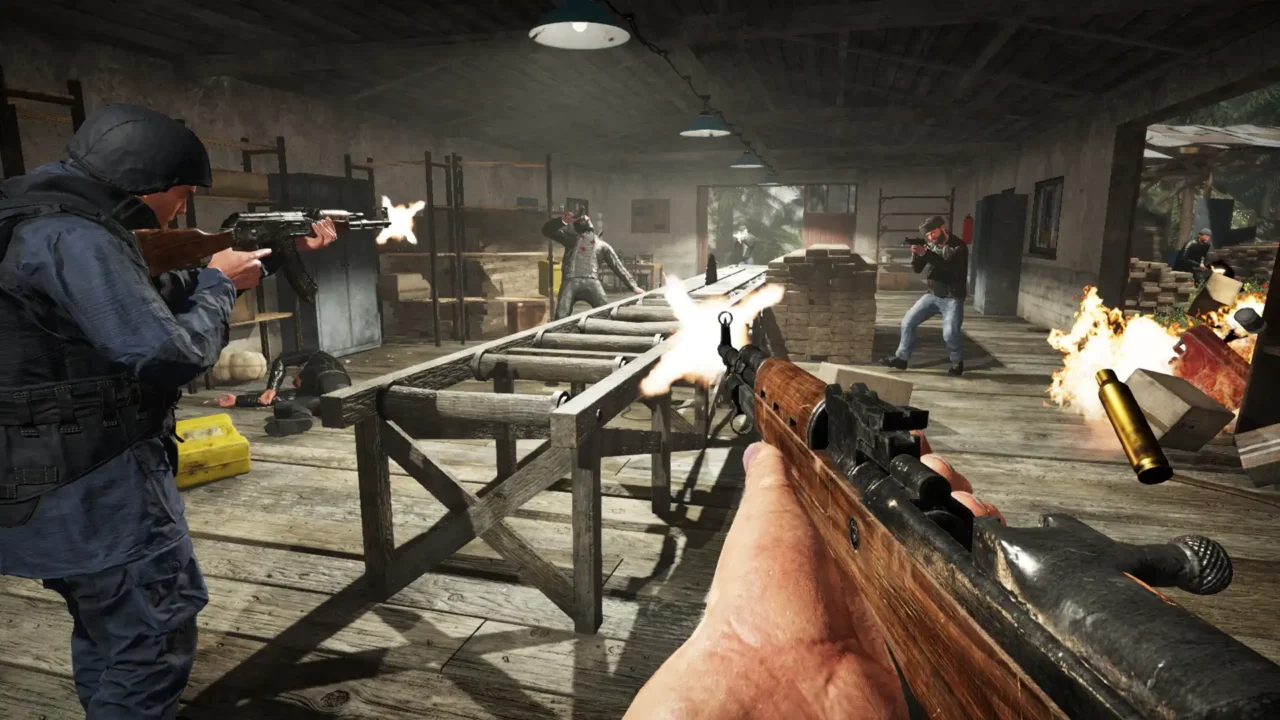 First-person shootout inside a wooden warehouse as officers trade fire with smugglers.