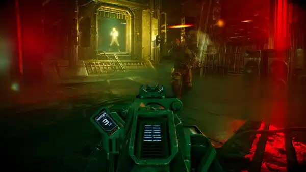 DEFECT cyberpunk FPS — red-lit corridor encounter with a charging enforcer and a backlit figure beyond.