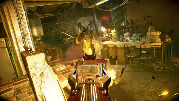 DEFECT cyberpunk FPS — first-person firefight in a cluttered workshop as an armored target advances