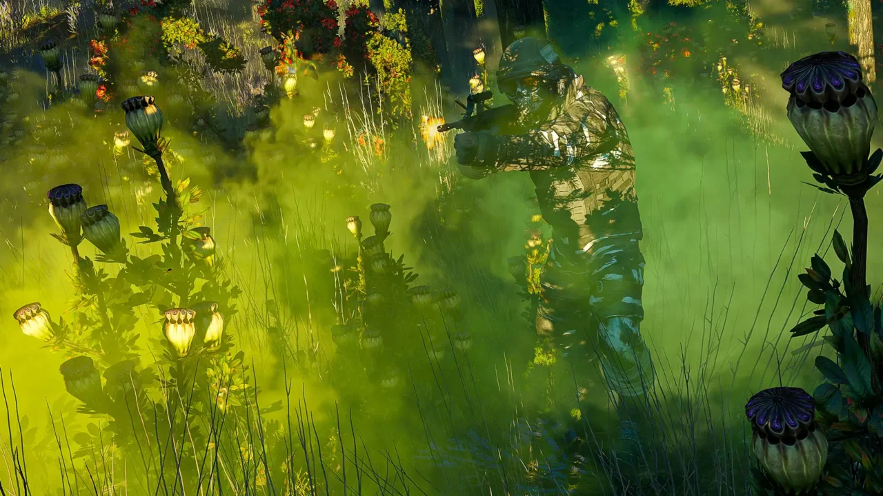 Soldier moves through glowing green spores among bulbous anomaly plants.