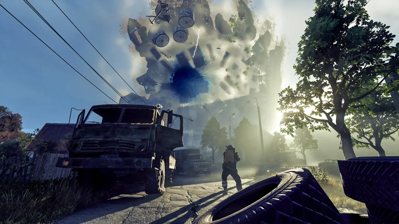 Soldier faces a sky vortex above a ruined village street—Active Matter screenshot.