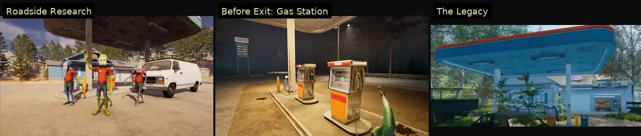 Visual comparison only: QuadArt’s “Rural Gas Station” asset next to scenes from Roadside Research, Before Exit: Gas Station, and The Legacy. Different renders; similar canopy/garage/van details. Attribution requested.