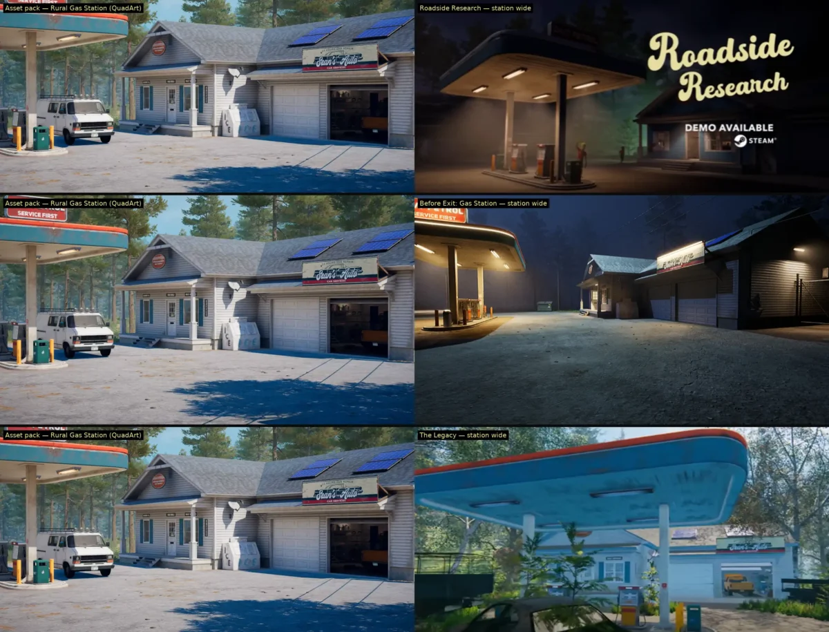Four images compared side-by-side: the Unity “Rural Gas Station” asset (QuadArt) and frames from Roadside Research, Before Exit: Gas Station, and The Legacy. Each shows the canopy, two-bay “Sean’s Auto” garage, pump island, and a white van for a visual looks-alike comparison.