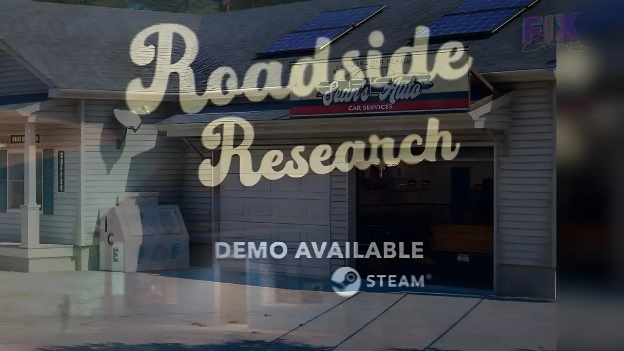 “Roadside Research” overlay on a rural gas station with Sean’s Auto two-bay garage and an ICE chest — “Demo available on Steam”.