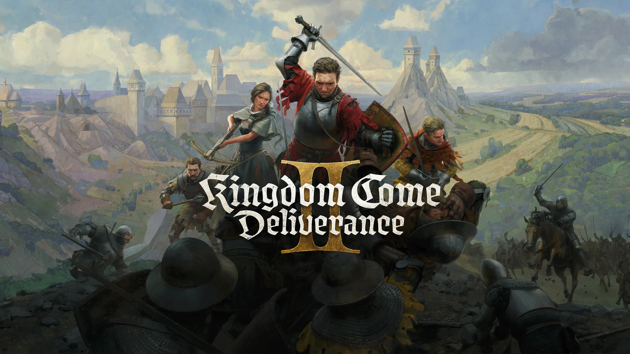 Kingdom Come: Deliverance II key art — Henry raises a sword amid a medieval battle, companions at his side, Bohemian countryside and castles behind; game logo centered.