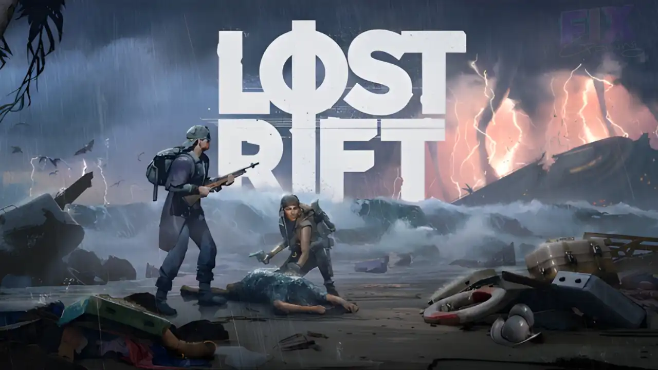 Lost Rift key art: two survivors on a storm-lashed beach with weapons as lightning strikes offshore; large “LOST RIFT” logo over wreckage.