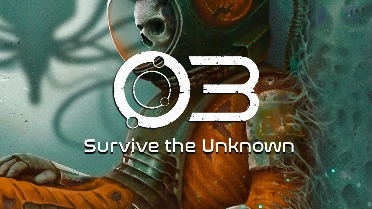 O3 Hollow Descent — astronaut in orange suit with skull-like helmet; “Survive the Unknown” text
