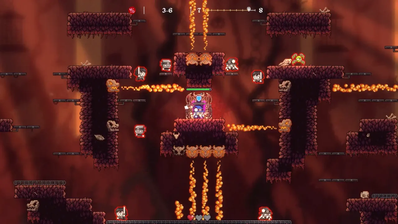 RAD — Repeat After Death screenshot: lava cavern arena with vertical fire traps as echo ghosts close in.