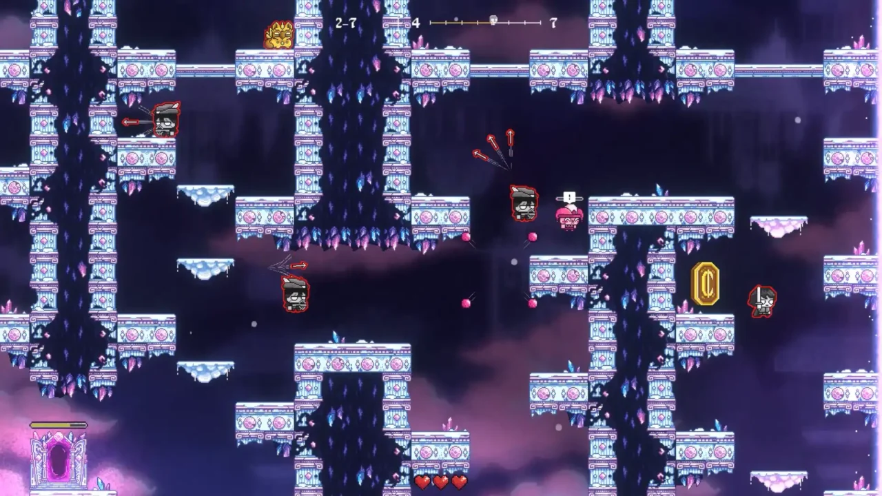 RAD — Repeat After Death screenshot: icy crystal stage with red-outlined echo ghosts mirroring the player’s moves.