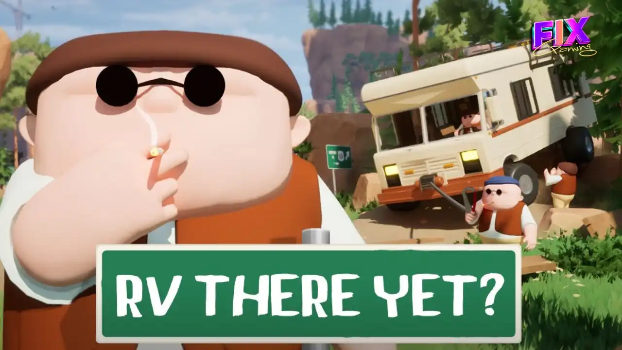 RV There Yet? game art: cartoon crew helping a stuck RV on a forest road; green sign reads “RV There Yet?”; FGC logo