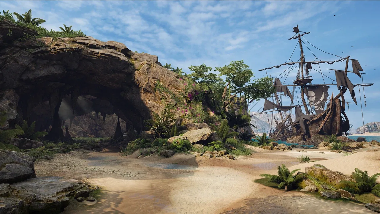 Pirates VR Jolly Roger screenshot of a Caribbean island beach with a pirate shipwreck.
