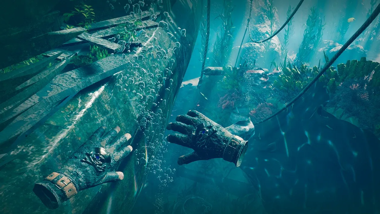 Pirates VR Jolly Roger screenshot of underwater exploration near a sunken pirate ship.