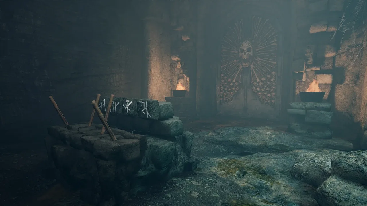 Pirates VR Jolly Roger screenshot of a dungeon with torches and a skull gate.