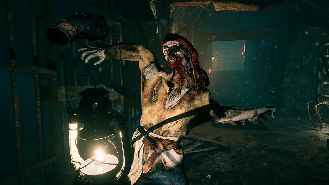 Pirates VR Jolly Roger screenshot showing a zombie pirate enemy in a dark dungeon.