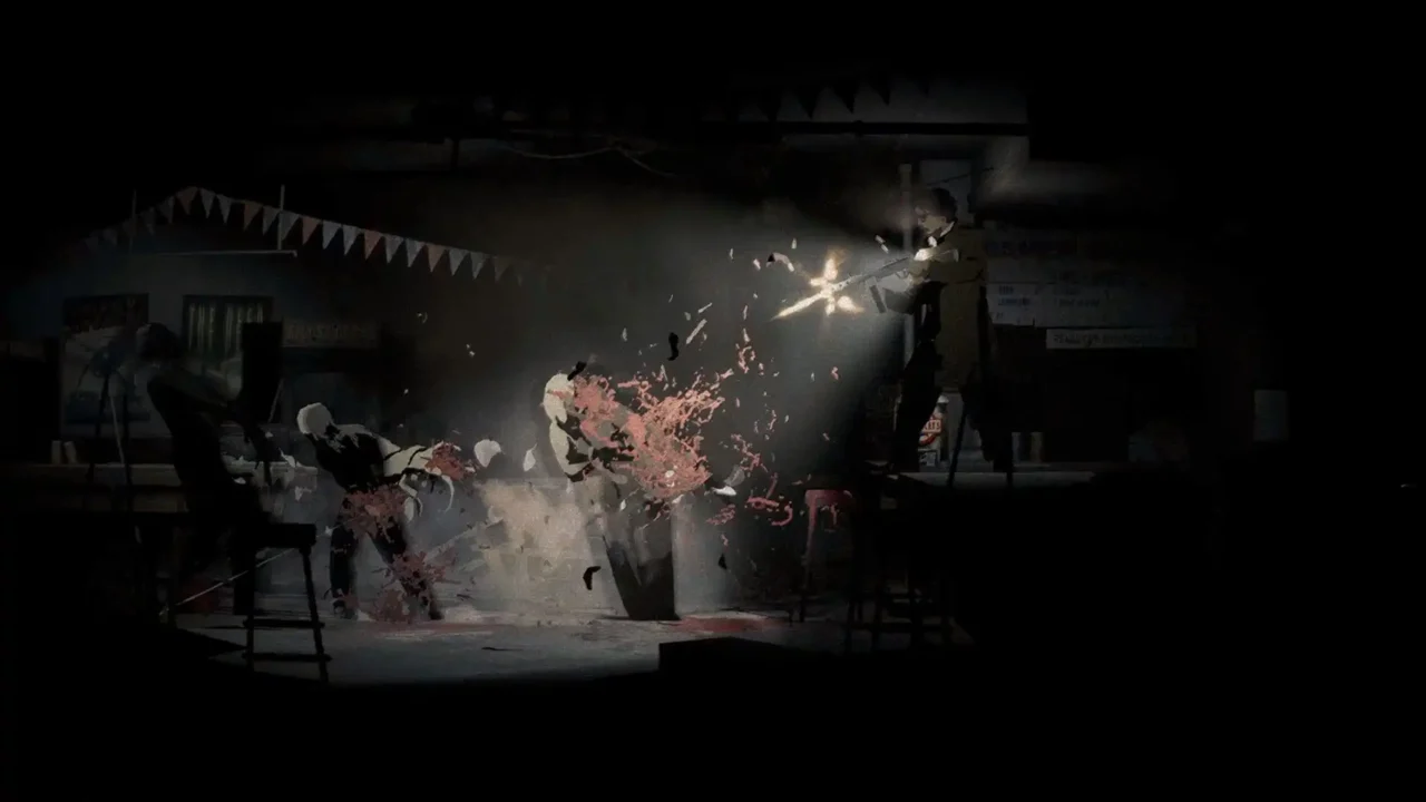 Diner brawl under a harsh spotlight as Red Walker fires at lunging creatures; chairs and banners frame the dark room.
