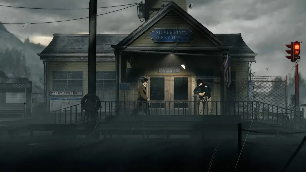 Silver Pines Ferry Office at night in the rain, with Red Walker approaching and a sheriff on the porch under a single lamp.