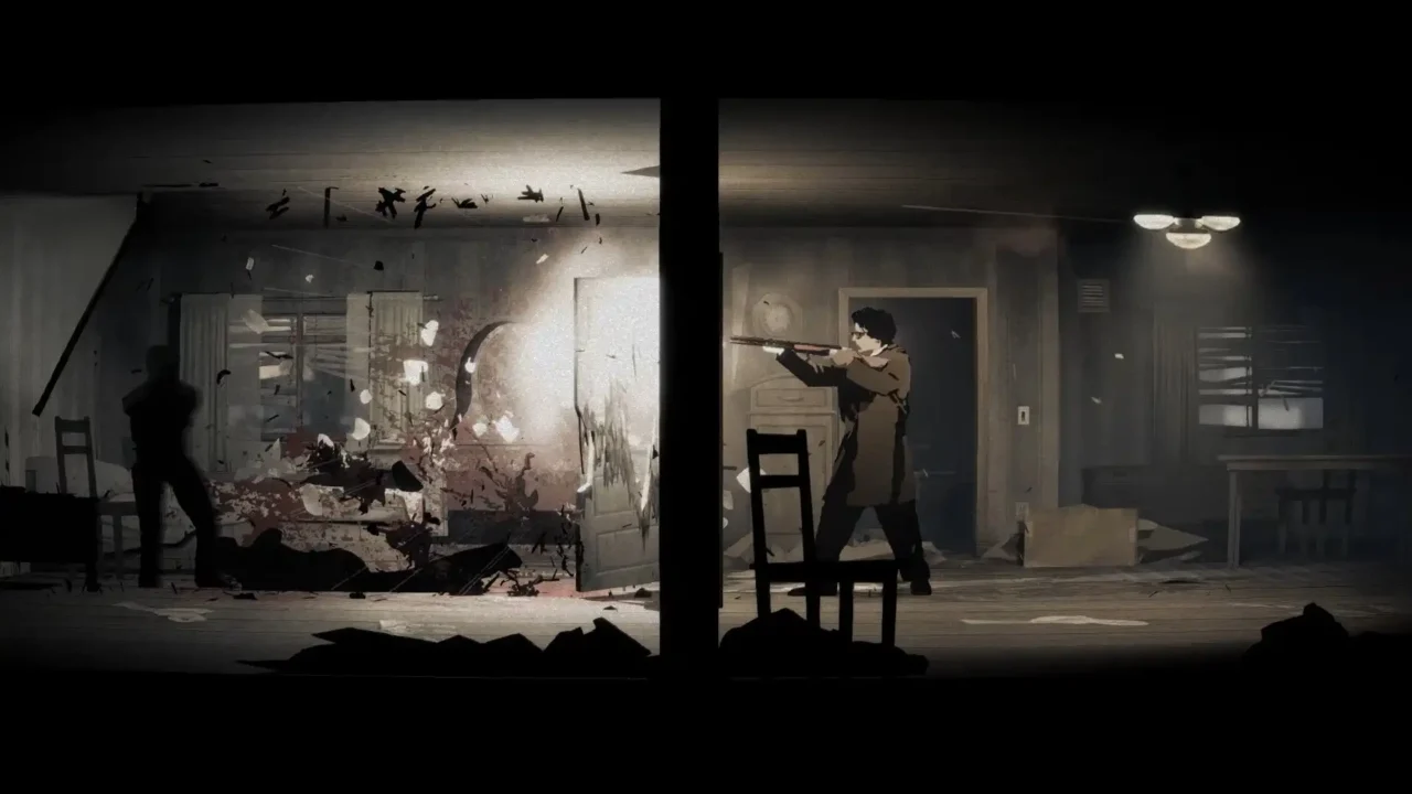 Split interior view with Red Walker firing a shotgun through a doorway as debris and blood spray into the adjacent room.