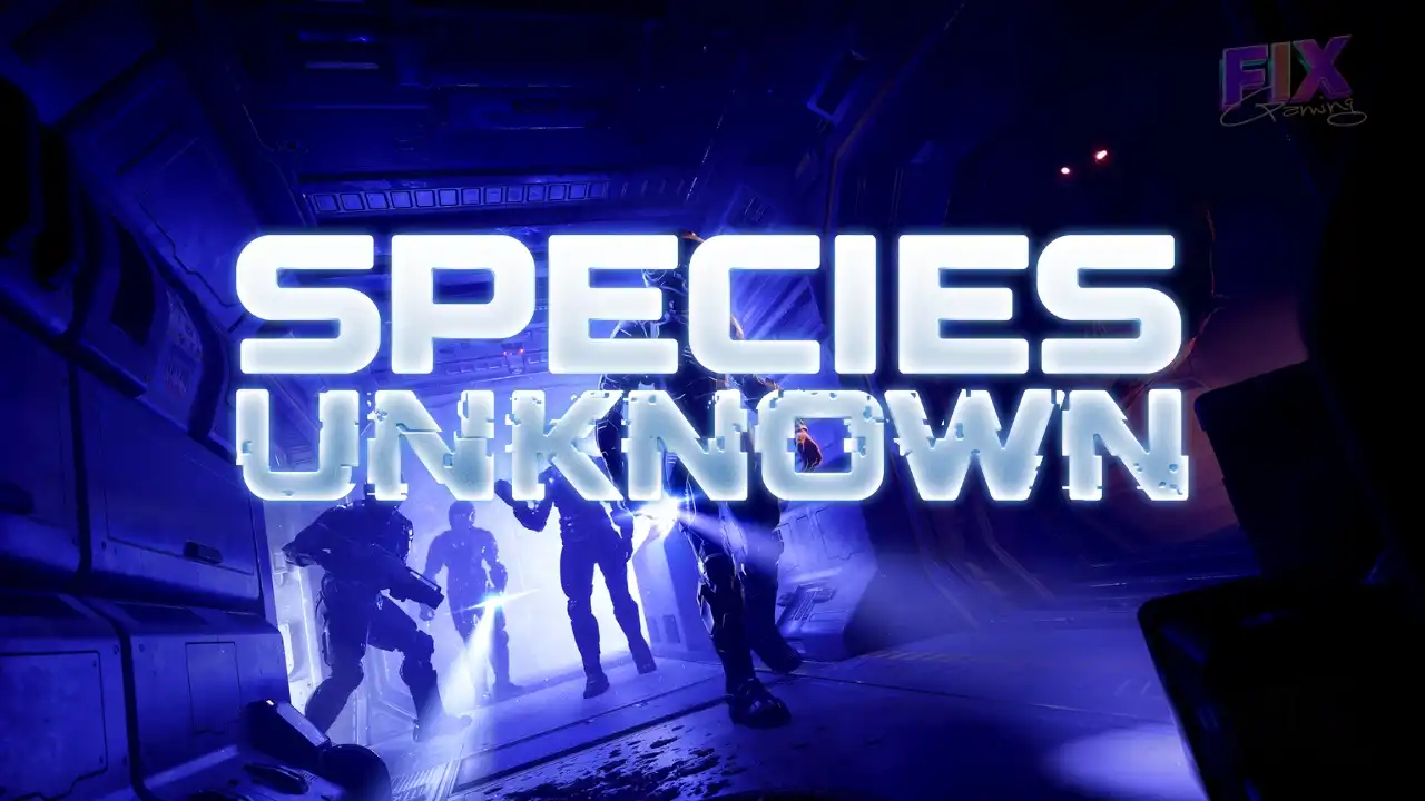 Species: Unknown — four-person crew silhouetted in a blue-lit starship corridor; large title text overlaid.