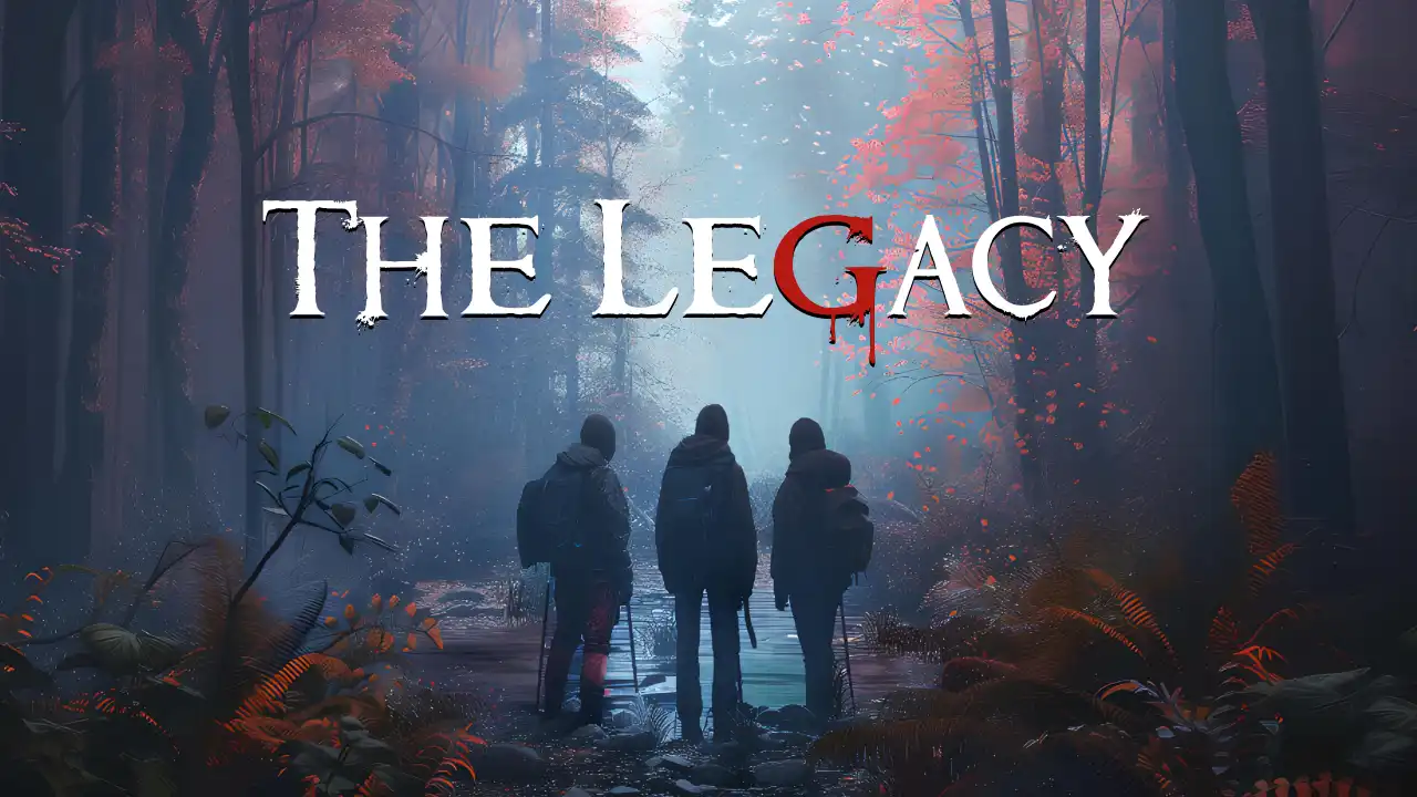 The Legacy logo over a misty, autumn forest as three backpack-wearing figures face a flooded path.