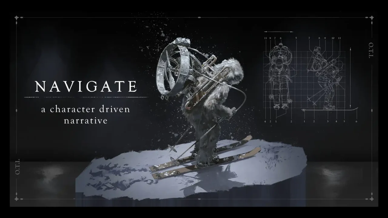 Fur-clad explorer on skis carrying a wheel-like navigation device in The Perilous North