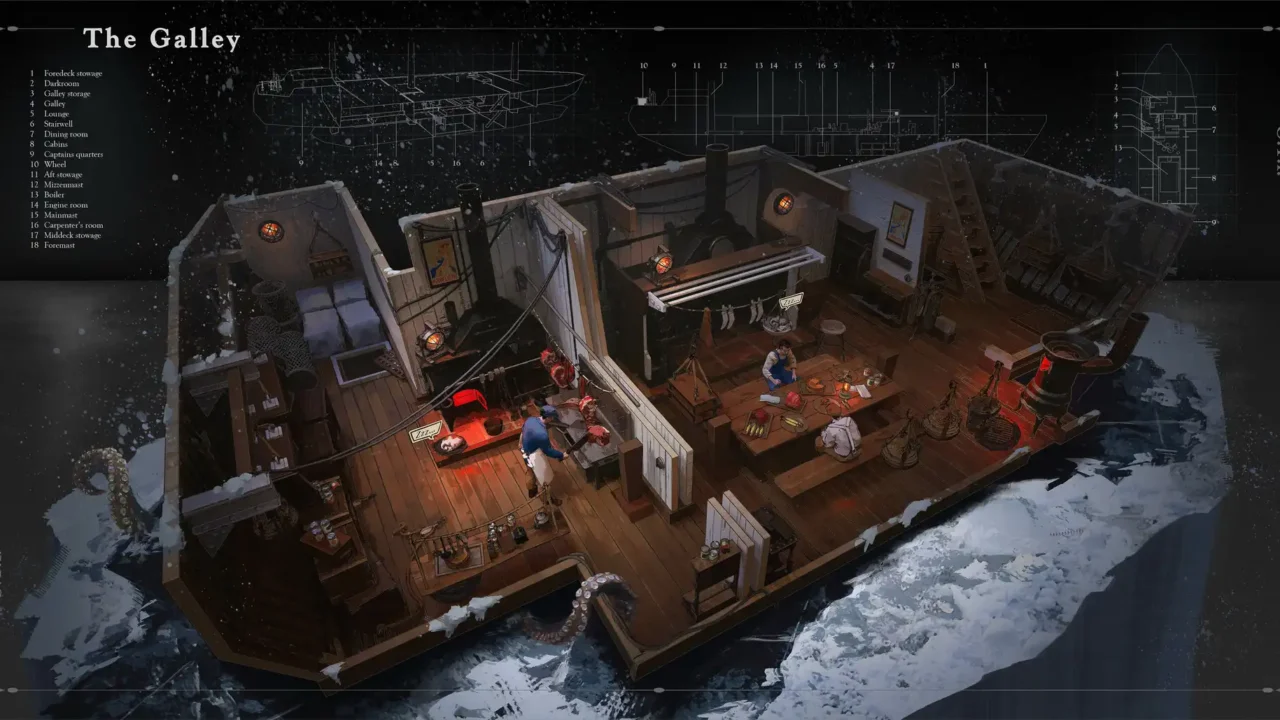 Isometric cutaway of the ship’s galley showing cooking, storage and workstations in The Perilous North