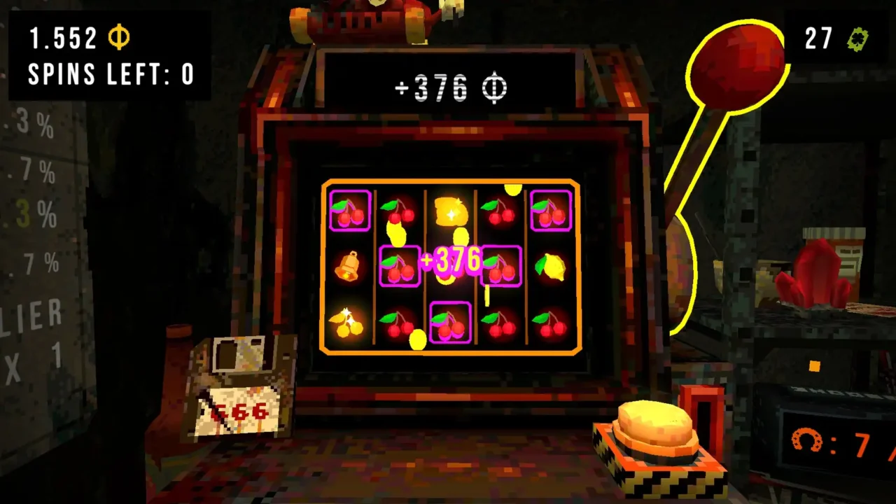 CloverPit slot machine awarding +376 coins with cherries and lemons on the reels; spins left shows 0.
