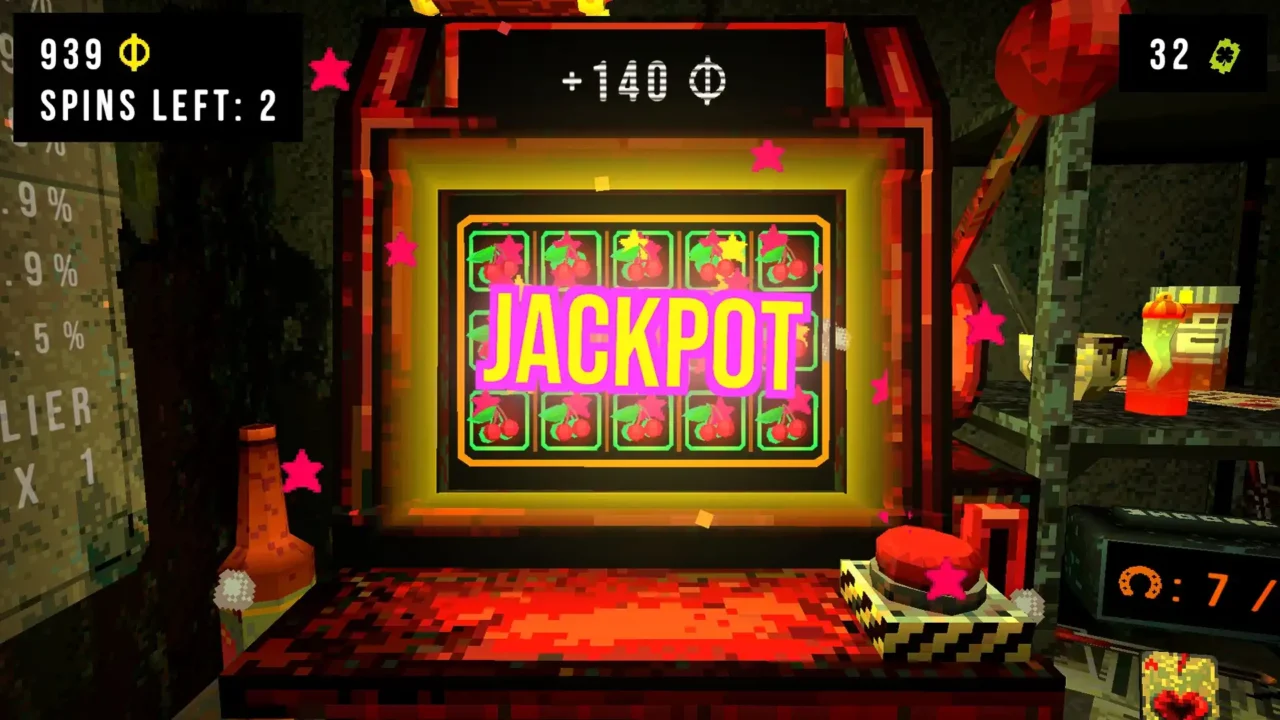 CloverPit slot machine showing a bright “JACKPOT” across cherry symbols amid confetti, in a dingy room.