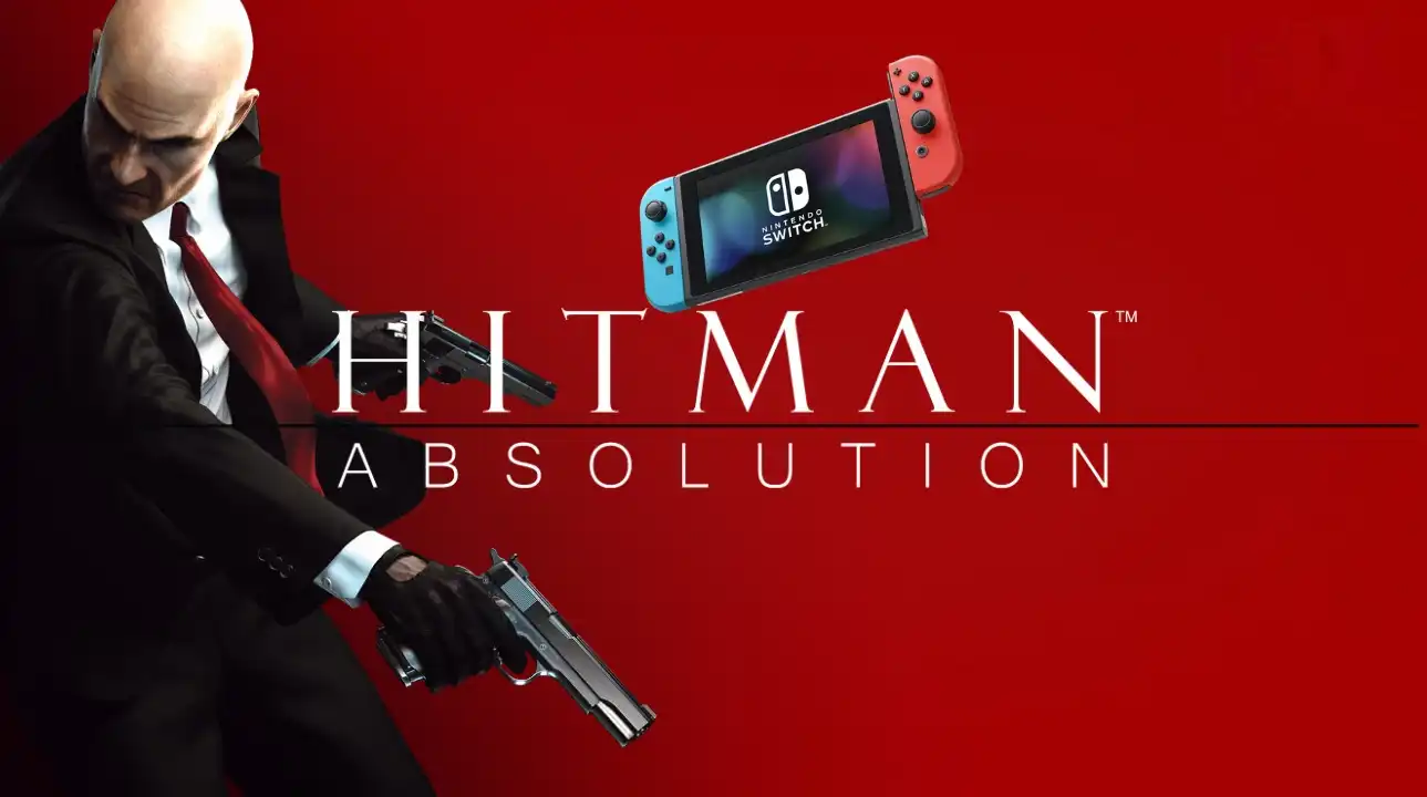 Hitman: Absolution key art with Agent 47 aiming two pistols on a red background, alongside a Nintendo Switch console and game logo.