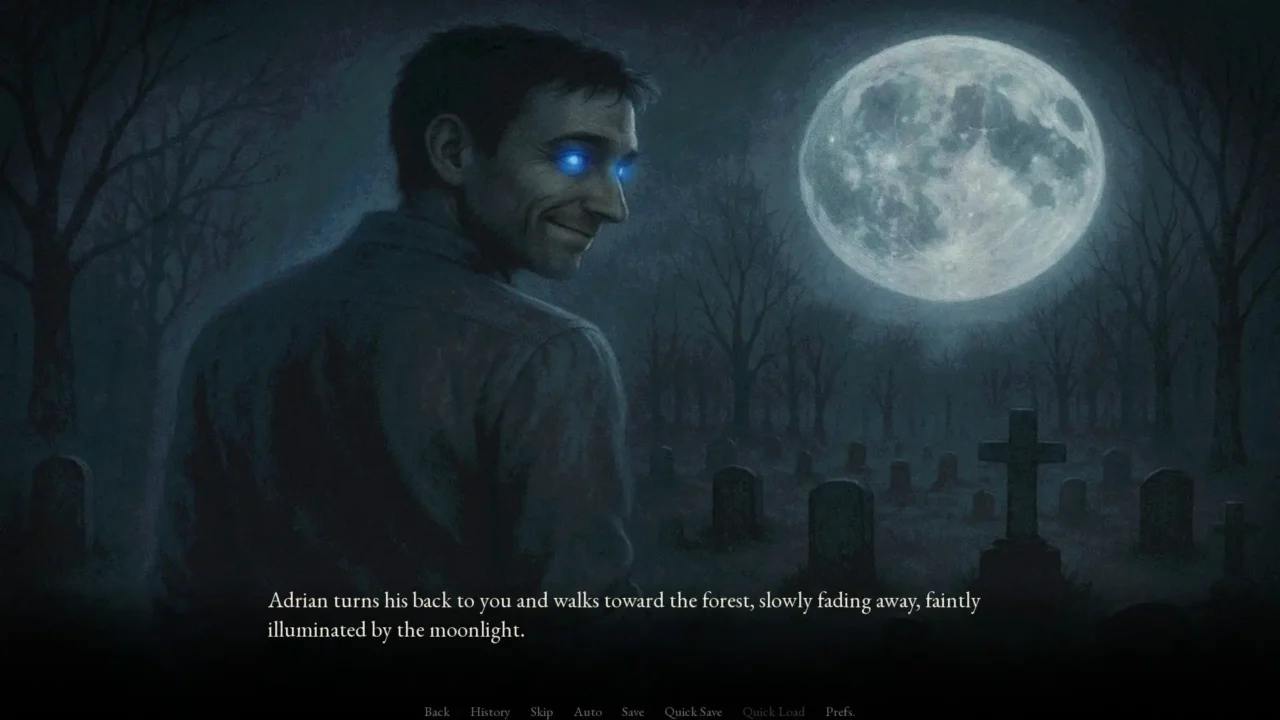 Adrian with glowing blue eyes walking away through a moonlit graveyard in Luce Spenta.
