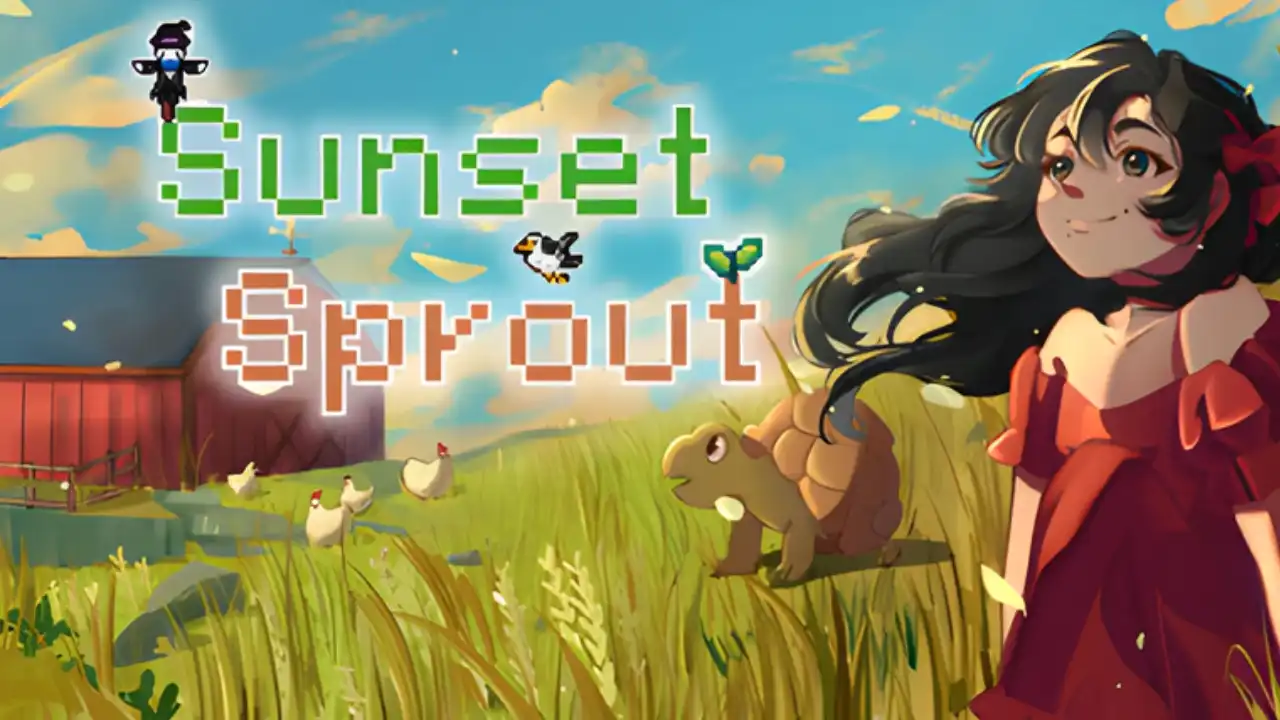 Sunset Sprout key art showing a girl on a sunny island farm with animals and a red barn under a warm sky.
