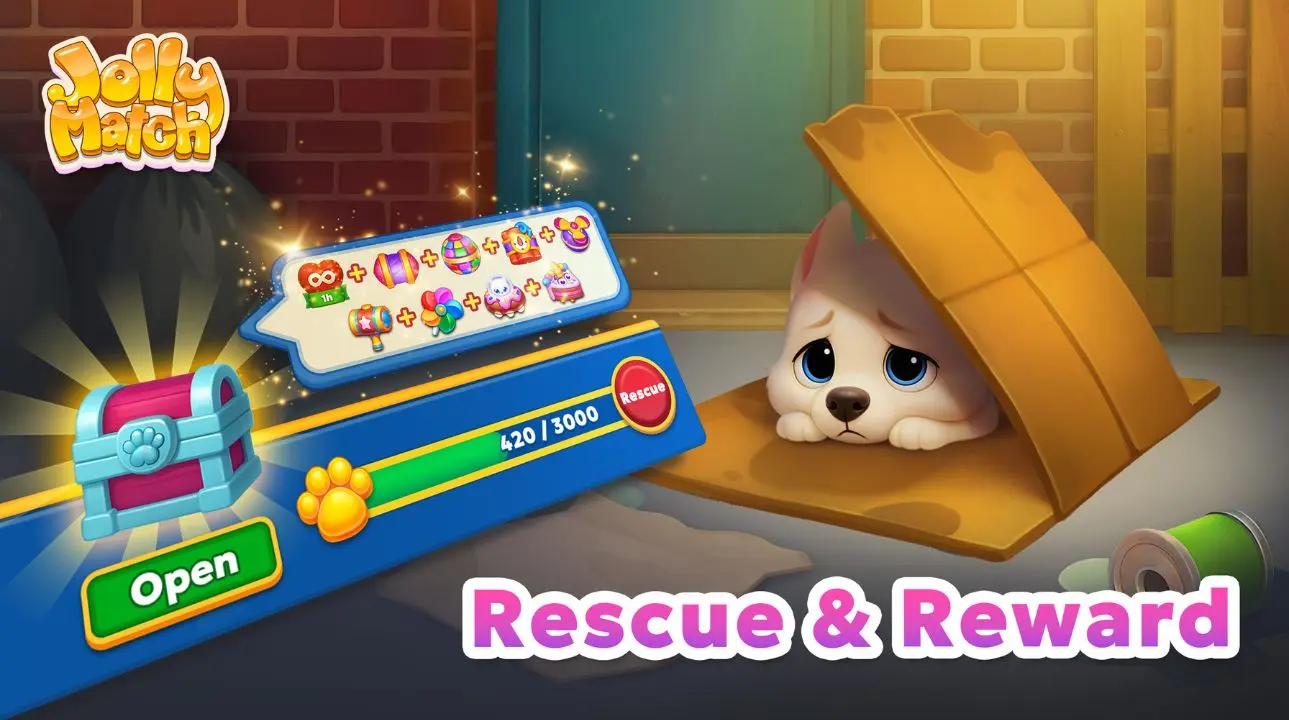 Sad puppy hiding under a cardboard box next to a Rescue and Reward progress bar and prize chest in Jolly Match.