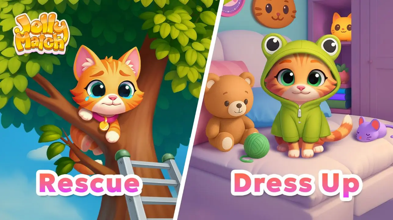 Cute orange kitty stuck in a tree and later dressed in a green frog hoodie, promo art for the Jolly Match Rescue and Dress Up pet event.