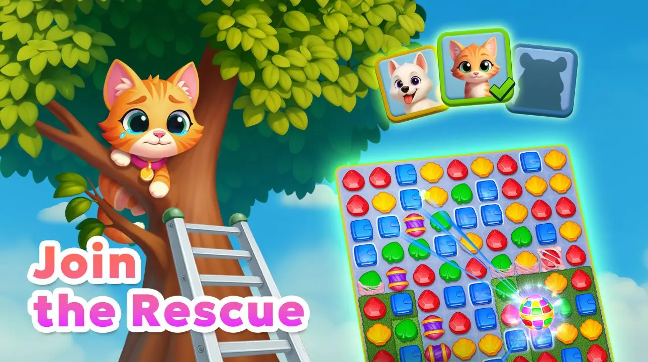 Jolly Match puzzle board with an orange kitty stuck in a tree and the text Join the Rescue.