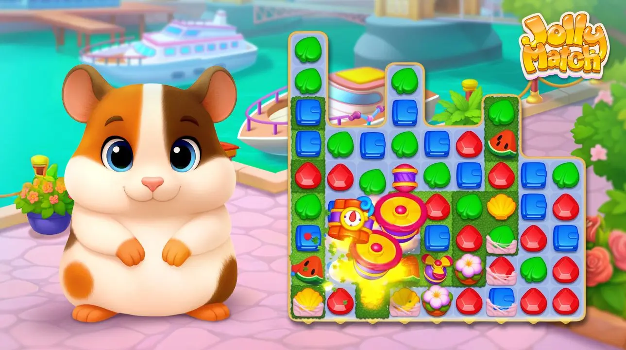 Cute chubby hamster standing beside a colorful match-3 puzzle board with power-up explosions in Jolly Match.