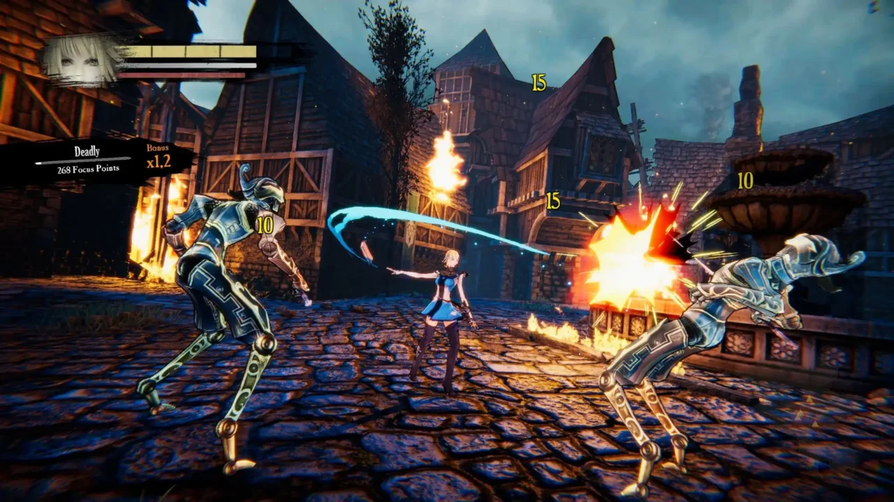 In-game screenshot: the heroine swings a bright blue arc at two armored foes in a burning village street; damage numbers 10 and 15 pop while a “Deadly — 268 Focus Points” banner appears on screen.