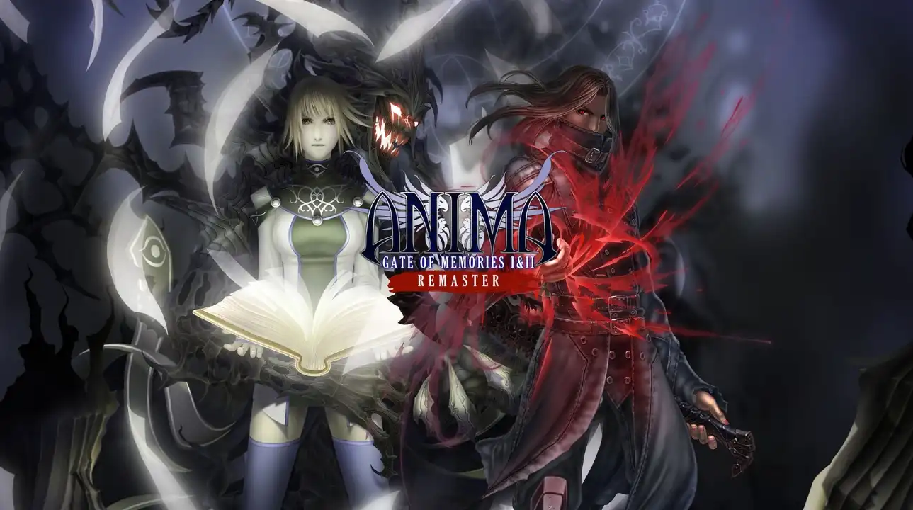 Key art for Anima Gate of Memories I&II Remaster showing two protagonists with the game logo centered—an open book glowing on the left and red energy bursting on the right.