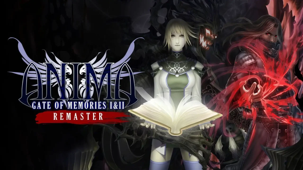 Key art with ANIMA logo on the left, protagonist holding an open glowing book, Anima: Gate of Memories I&II Remaster.