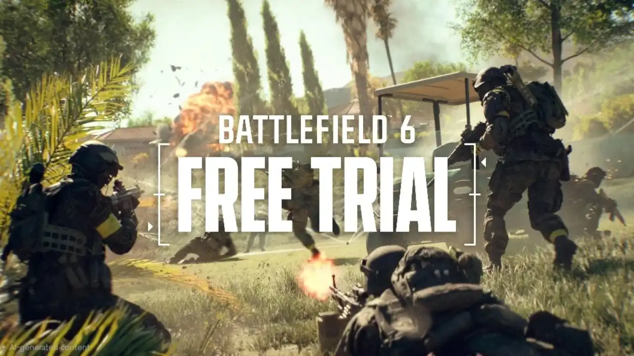 Battlefield 6 free trial key art showing armed soldiers fighting on a sunny suburban map with explosions in the background.
