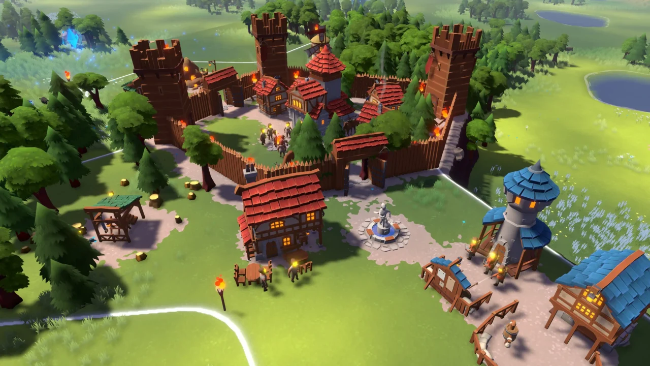 Becastled screenshot of a walled medieval town with wooden palisades, towers and village buildings in a bright green landscape.