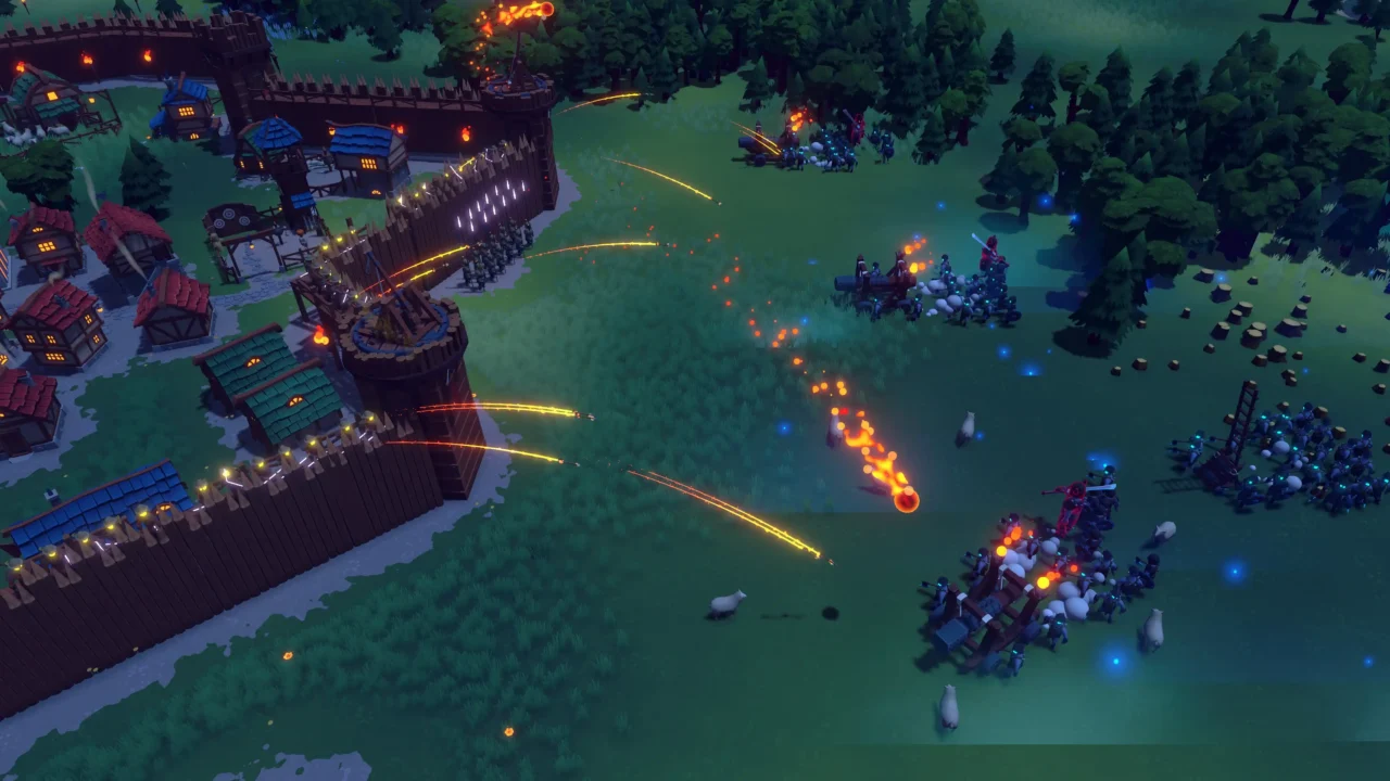 Becastled screenshot of a night siege with defenders firing flaming projectiles from the walls at advancing Moon Beast armies.