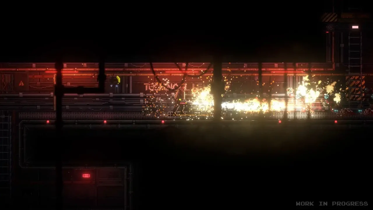 Block 17 screenshot of the mechanic unleashing a flamethrower down a dark industrial corridor.