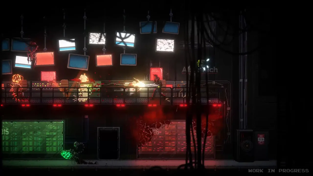 Block 17 screenshot of the mechanic firing at monsters on a catwalk beneath hanging monitors.