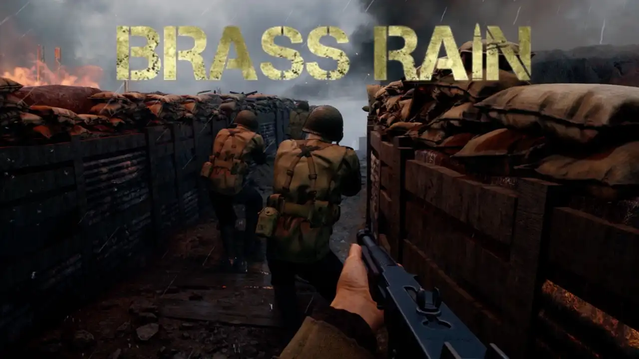First-person view of soldiers advancing through a World War II trench in Brass Rain
